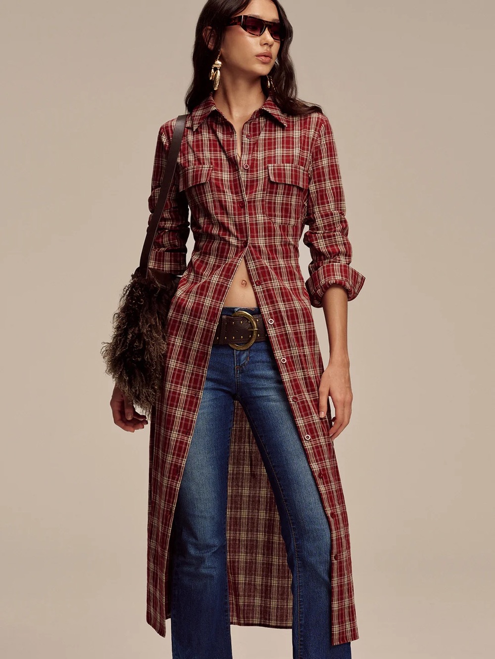 91 Plaid Button Front Shirt Dress